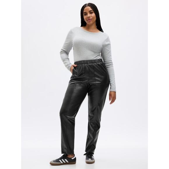 NWT GAP High Rise Pull On Faux Leather Pants Black Size Large Petite Preppy - Picture 1 of 13